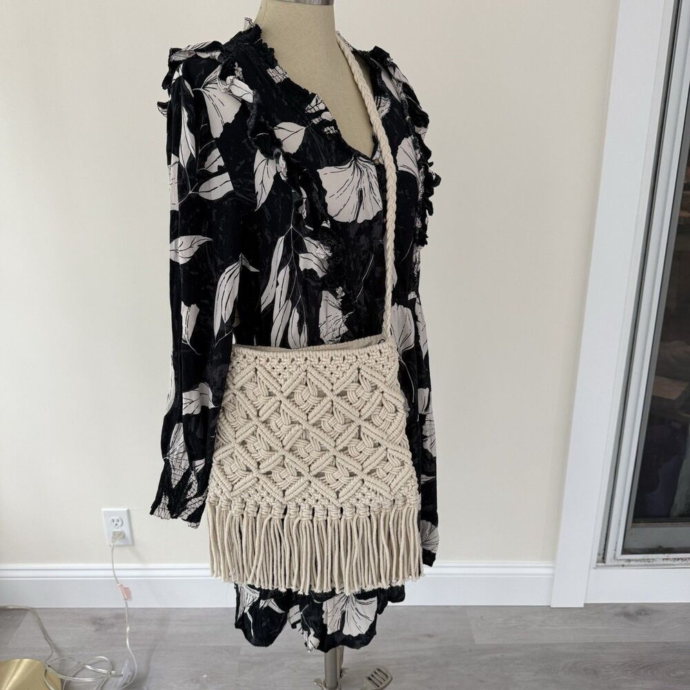 Fat Face Boho Macrame Crossbody Bag Handbag Cream Fringed Bohemian Hippie Strap